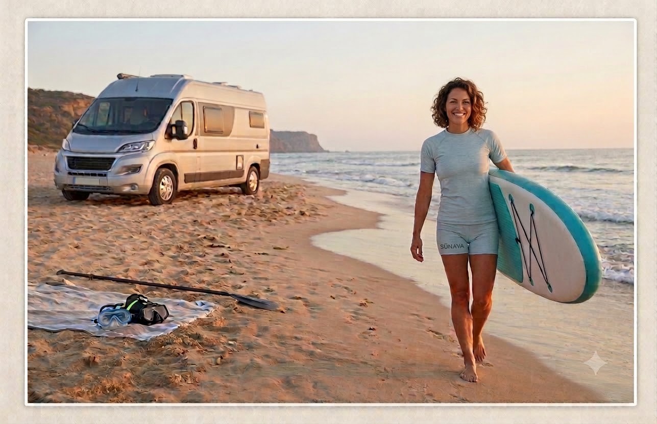 A couple in their mid-30s surfing in the ocean and laughing